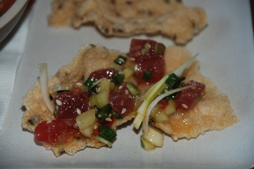 Spicy yellowfin tuna tartare with english cucumber, scallion and toasted sesame, served on a rice and seaweed crisp - crunchy, spicy bites of wonderful (photo: Marina Cohn)