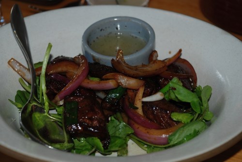 Slanted Door 10 Niman Ranch shaking beef cubed filet mignon, sausalito springs' watercress, red onions and lime dipping sauce - this signature does NOT disappoint; the tender, sweet beef and crisp red oinions flavor mixes perfectly with the lime dipping suace (photo: Marina Cohn)