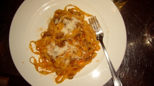 Pasta is only served in portions for 2 people; On our vist the Daily Pasta was a tagliatelle in a cheesy sweet sausage ragu