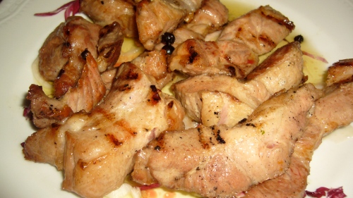 Sliced steak of black pork in a peppercorn sauce - an Agostina speciality 