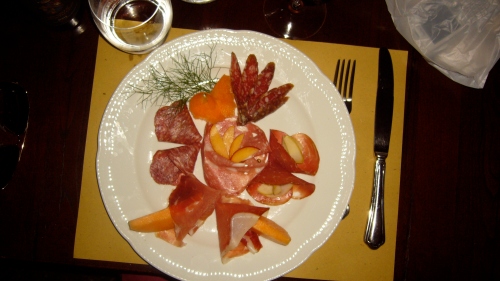 Cinghiale Paradise - wild boar sausage, prosciutto con melone, salame, finocciono with apricot, and bresola with apples.  You sure can't get this in the US. 