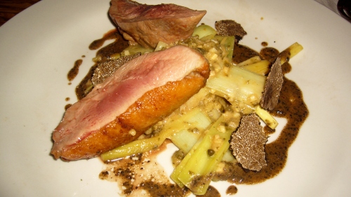 Grilled Duck Breast with Leeks Salad, Ginger, Capers and Black Truffle is a contrast in extremes.  The perfectly cooked duck shines in black truffle, but can get easily overpowered by the one-two acidic punch of the leeks and ginger.