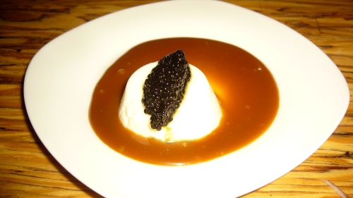 Creme Fraiche Panna Cotta with Caramel and Caviar is perfectly executed contrast in flavors; the soft, creamy panna cotta is enveloped by the sweet, smooth caramel and then taken to an entirely new level by the salty, burst in your mouth caviar.