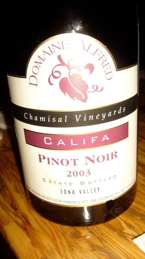With the best corkage fee in town ($5), we BYO'd a french style Pinot Noir, the 2003 Domaine Alfred Califa from the Chamisal Vineyard, Edna Valley, Central Coast California